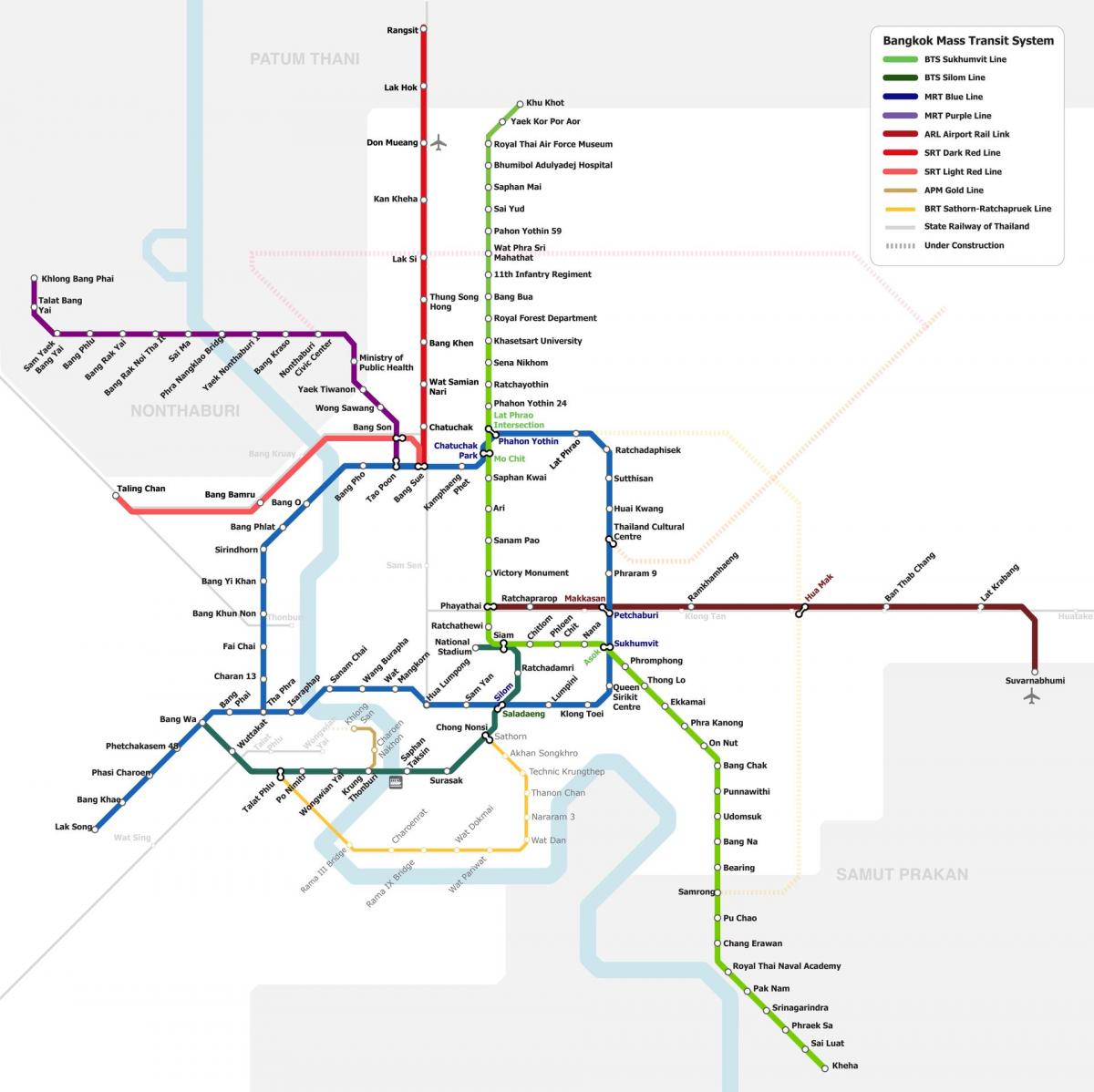 Mapa das estações de metrô de Bangkok (Krung Thep)